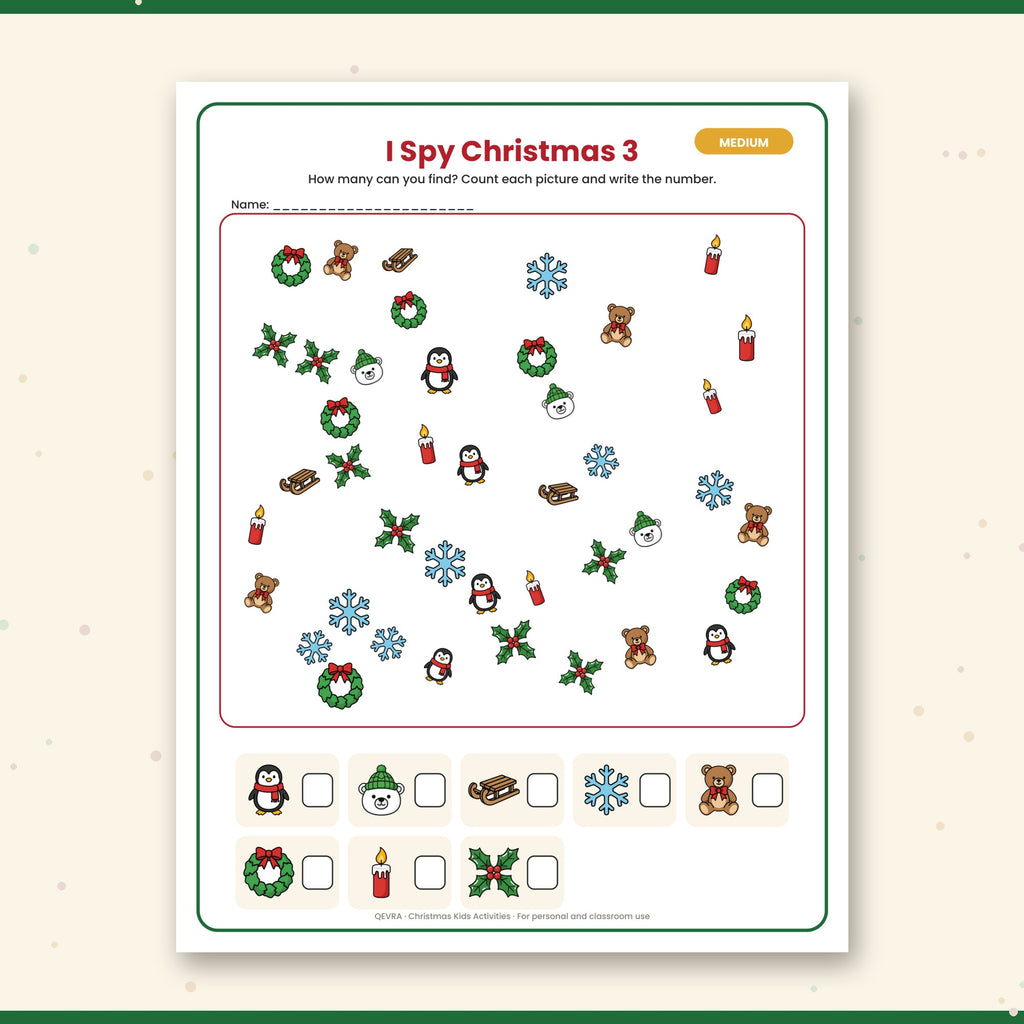 Christmas I Spy Counting Game for Kids – 6 Printable Pages, 3 Levels with Answer Key