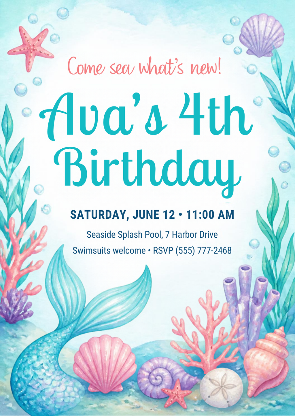Editable mermaid birthday invitation with watercolor waves, seashells and coral – 5x7 portrait