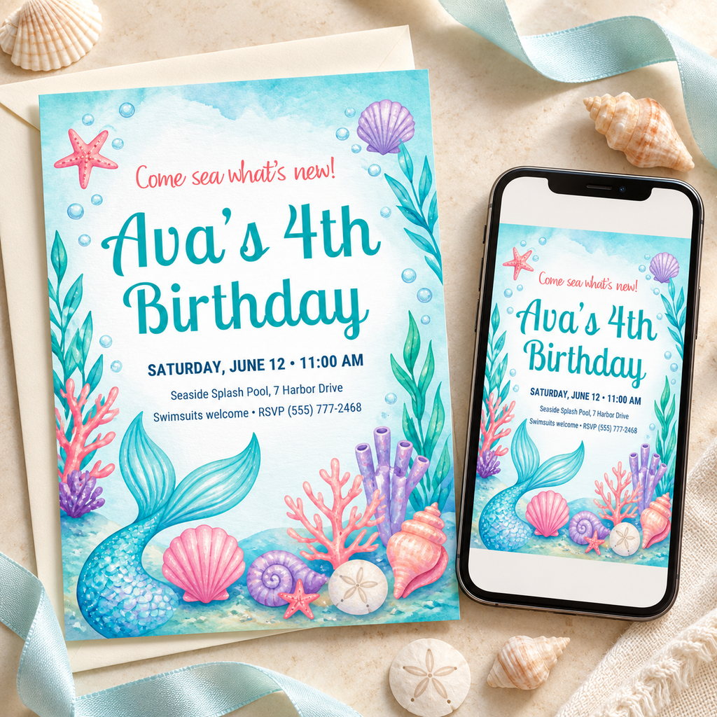 Mermaid birthday party invitation mockup – editable under the sea Canva template, 5x7