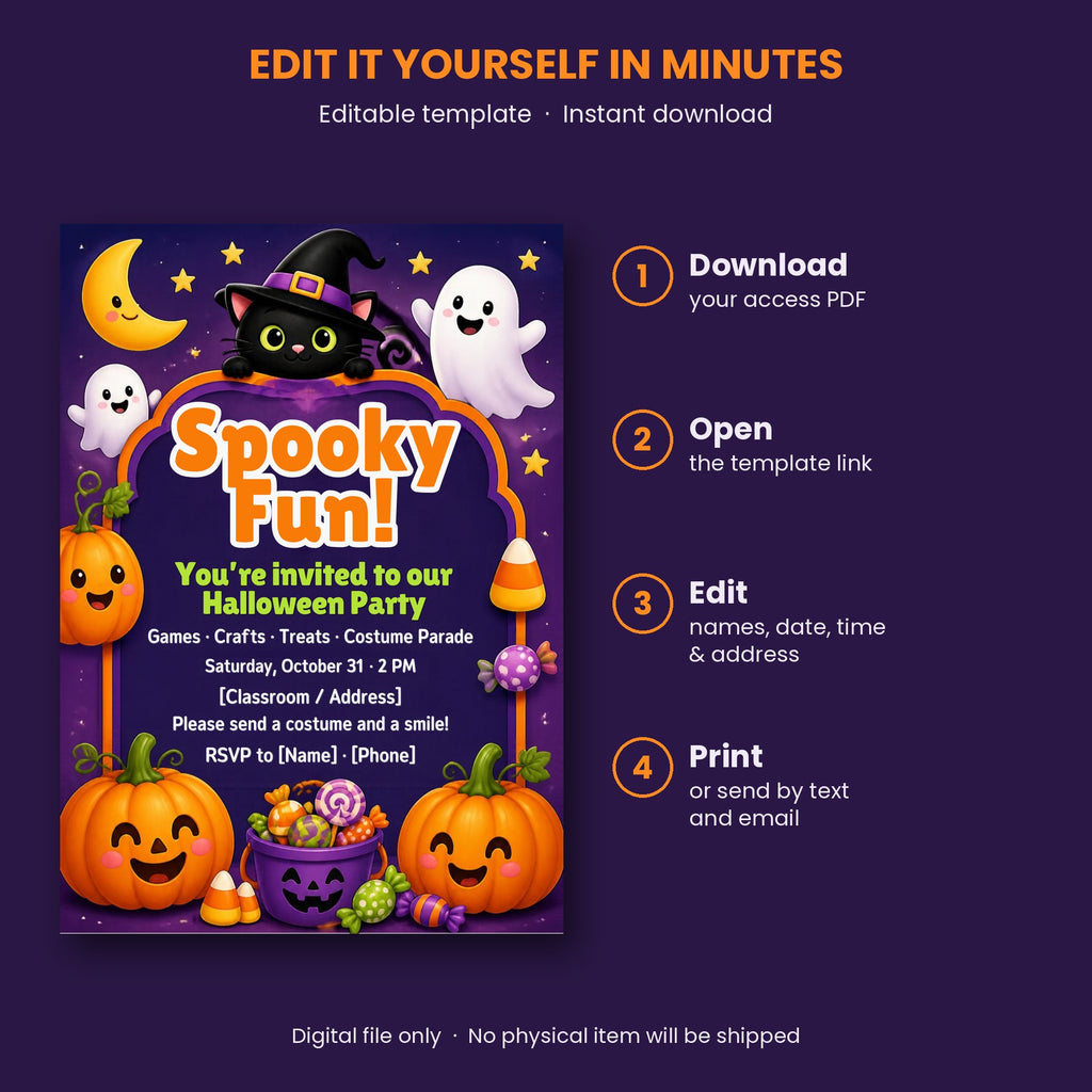 Kids Halloween party invitation – editable Canva template with smiling pumpkins, friendly ghosts and black cat – preview 3