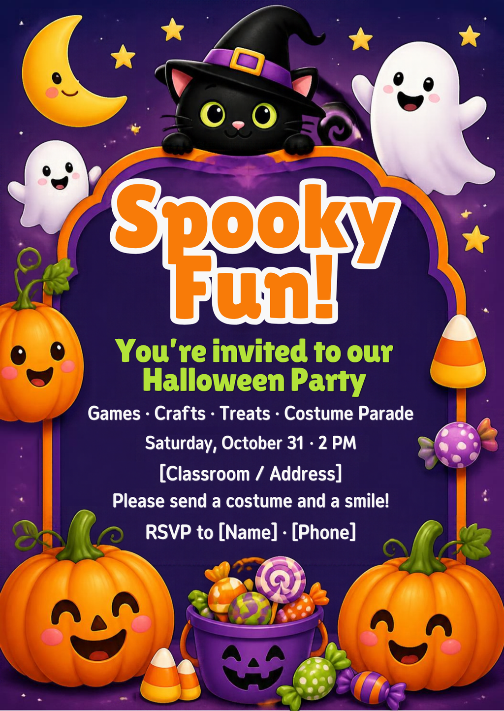 Kids Halloween party invitation – editable Canva template with smiling pumpkins, friendly ghosts and black cat – preview 2