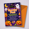 Kids Halloween party invitation – editable Canva template with smiling pumpkins, friendly ghosts and black cat