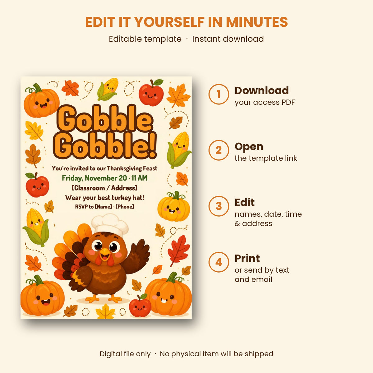 Kids Thanksgiving feast invitation – Gobble Gobble editable Canva template with chef turkey and pumpkins, 5x7 – preview 3