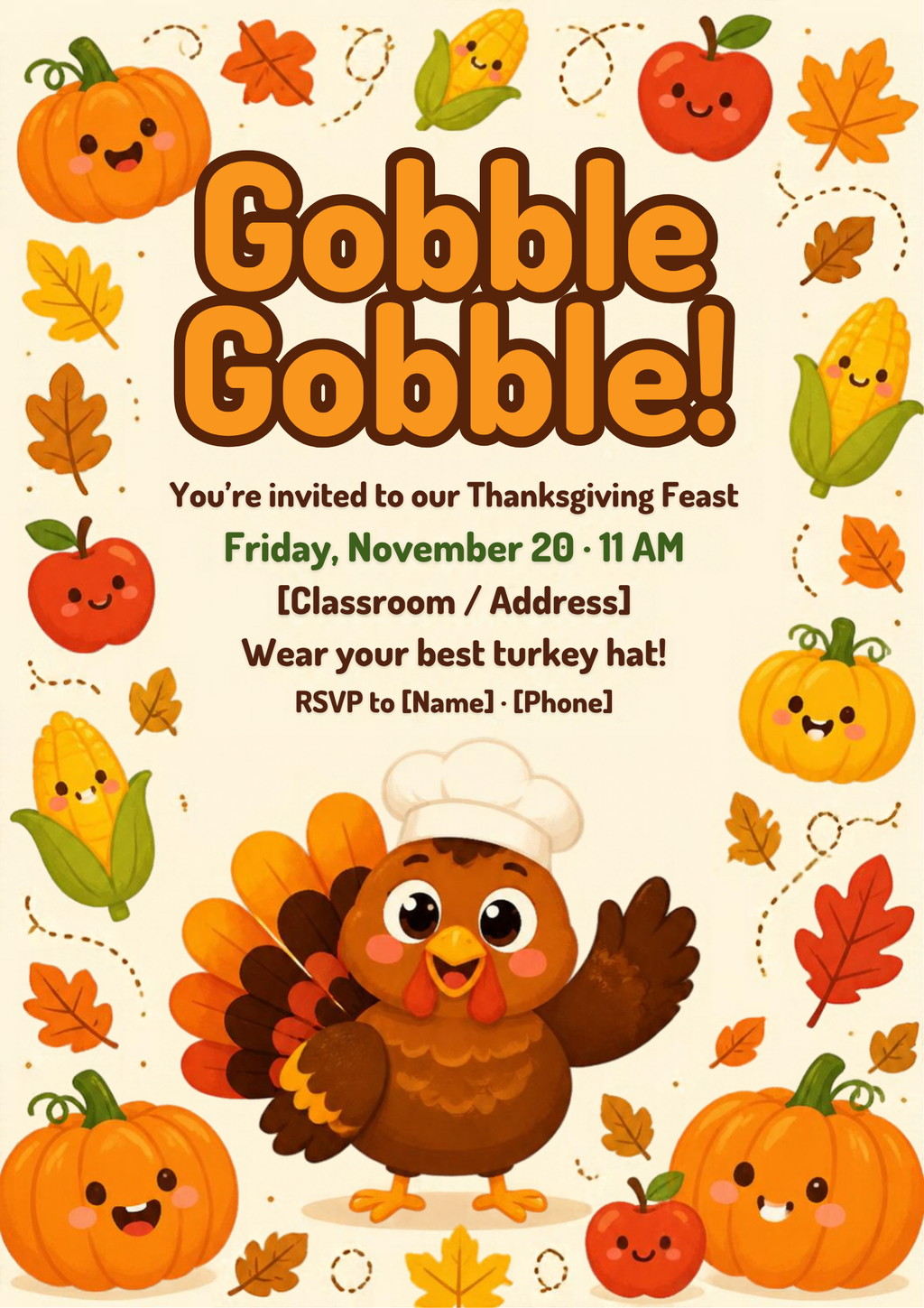 Kids Thanksgiving feast invitation – Gobble Gobble editable Canva template with chef turkey and pumpkins, 5x7 – preview 2