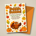 Kids Thanksgiving feast invitation – Gobble Gobble editable Canva template with chef turkey and pumpkins, 5x7