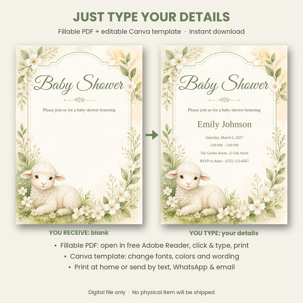 Little Lamb Baby Shower Invitation – Fillable PDF & Editable Canva Template