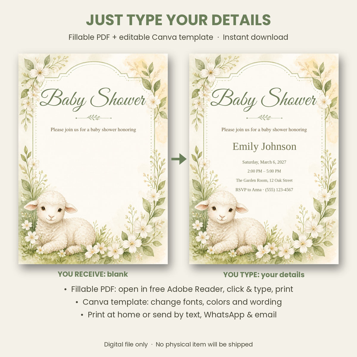 Little Lamb Baby Shower Invitation – Fillable PDF & Editable Canva Template