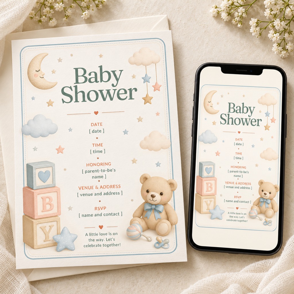 Little Moon teddy bear baby shower invitation – editable Canva template, 5x7