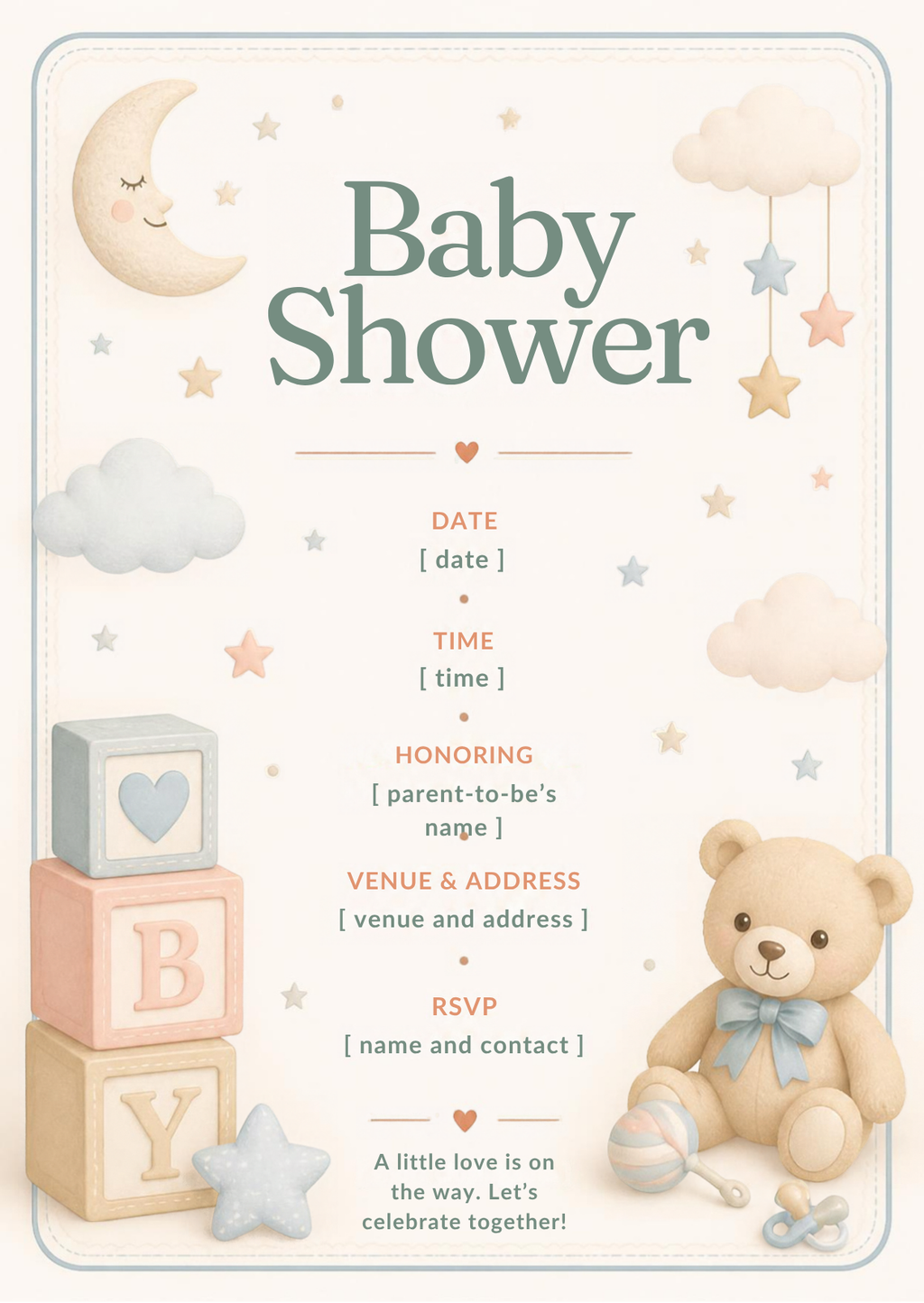 Little Moon teddy bear baby shower invitation – editable Canva template, 5x7 on phone and print