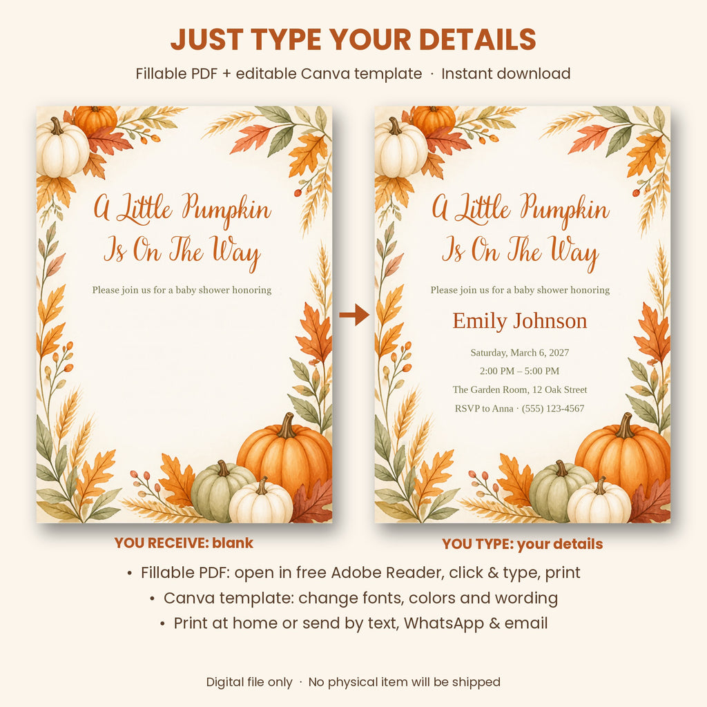 Little Pumpkin Fall Baby Shower Invitation – Fillable PDF & Editable Canva Template