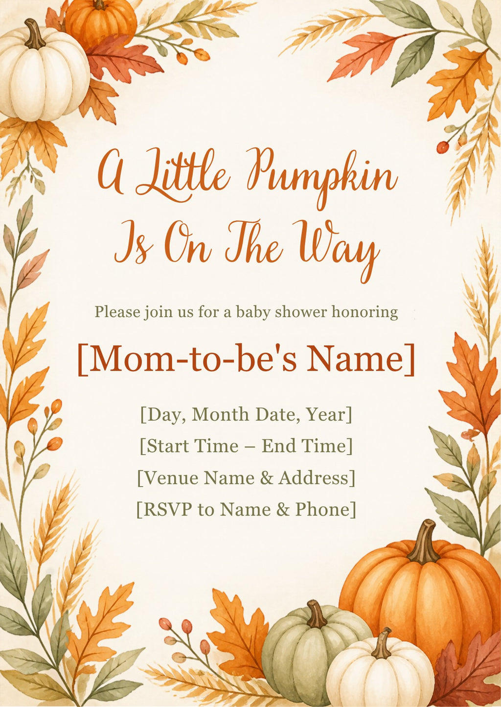 Little Pumpkin Fall Baby Shower Invitation – Fillable PDF & Editable Canva Template