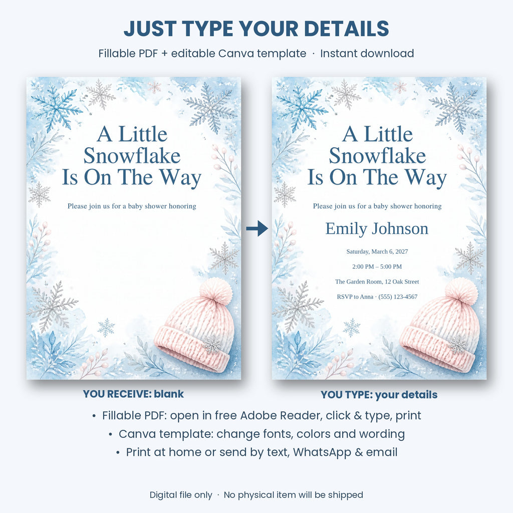 Little Snowflake Winter Baby Shower Invitation – Fillable PDF & Editable Canva Template