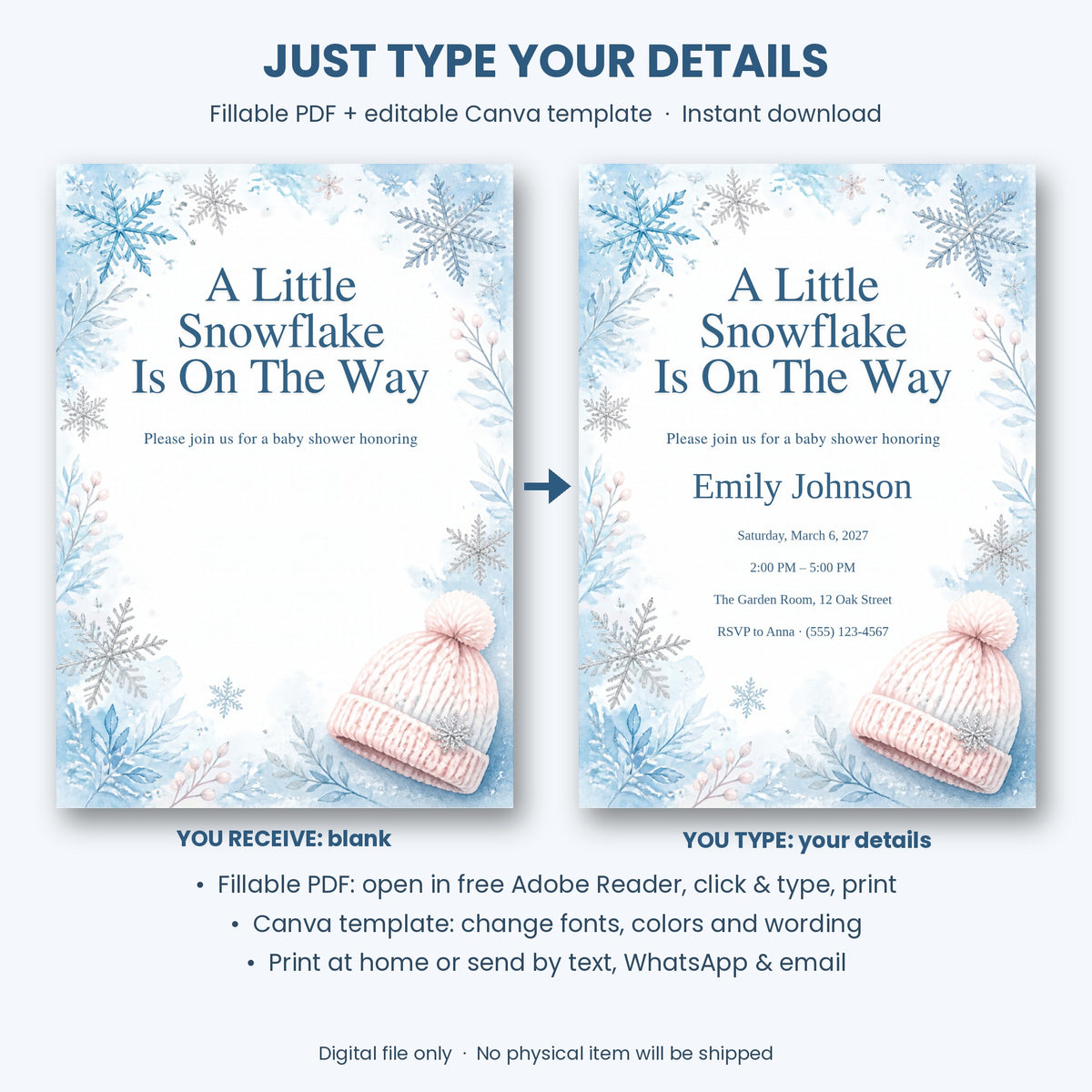 Little Snowflake Winter Baby Shower Invitation – Fillable PDF & Editable Canva Template