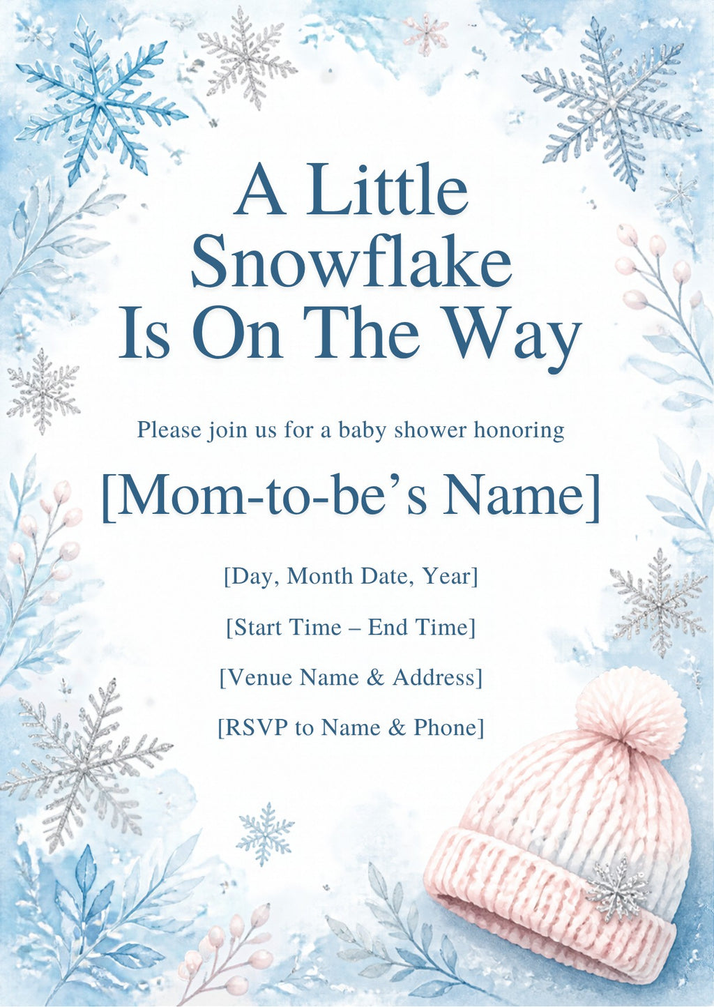 Little Snowflake Winter Baby Shower Invitation – Fillable PDF & Editable Canva Template
