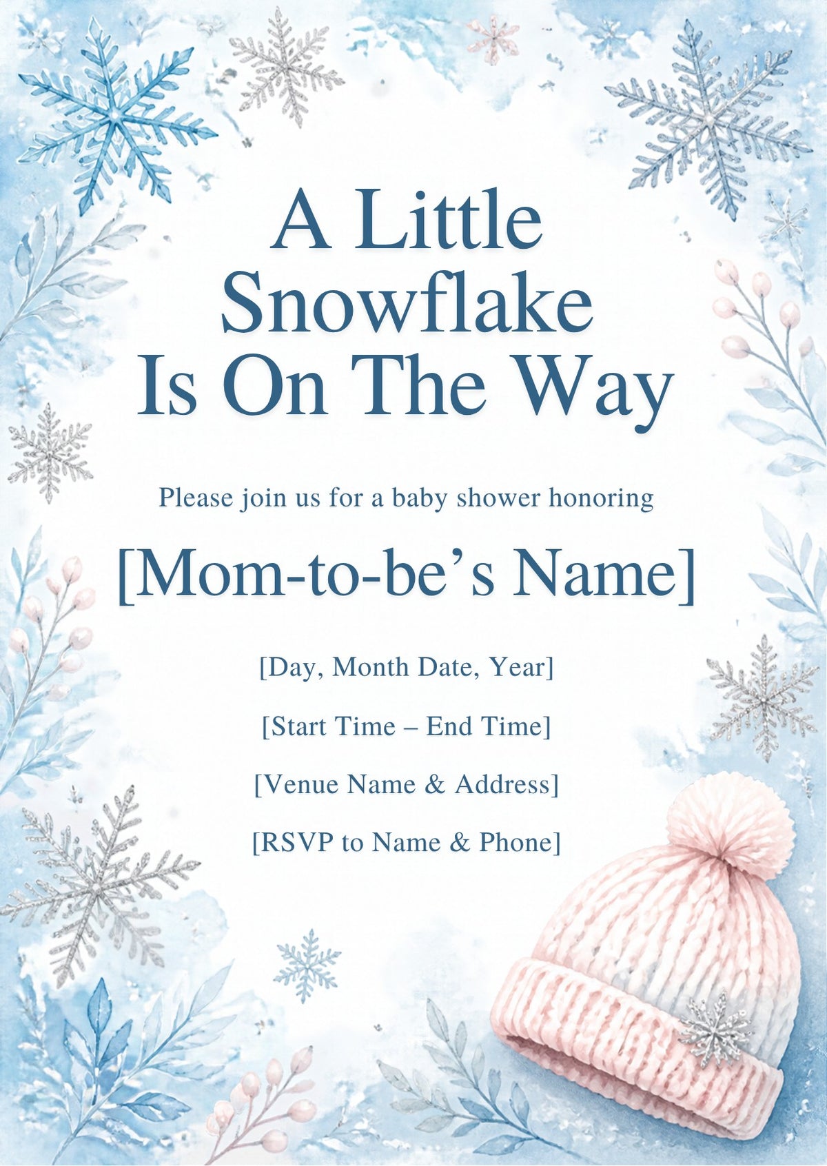 Little Snowflake Winter Baby Shower Invitation – Fillable PDF & Editable Canva Template