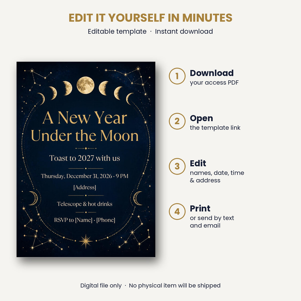 A New Year Under the Moon Celestial New Year's Eve Invitation – Editable Canva Template