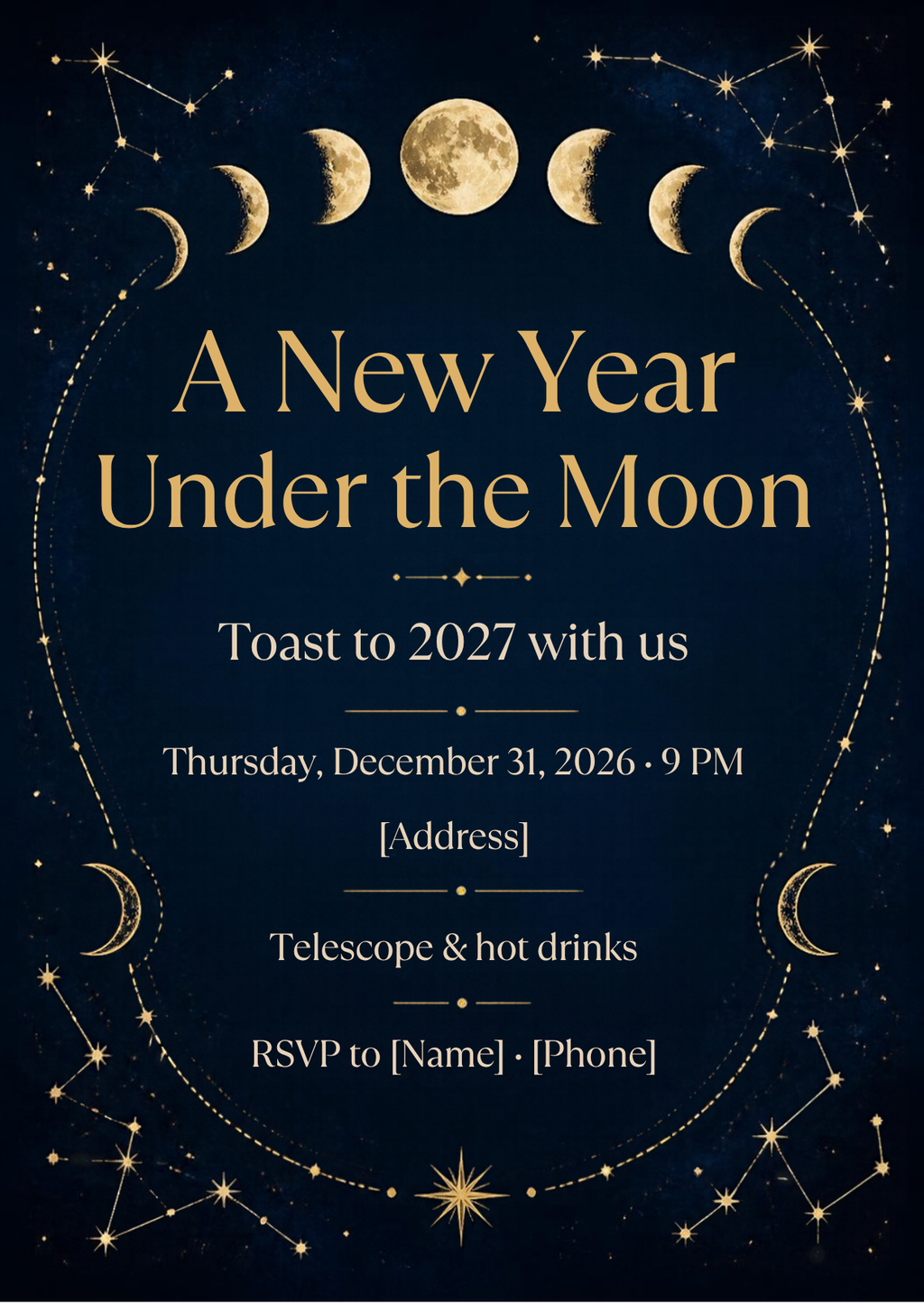 A New Year Under the Moon Celestial New Year's Eve Invitation – Editable Canva Template