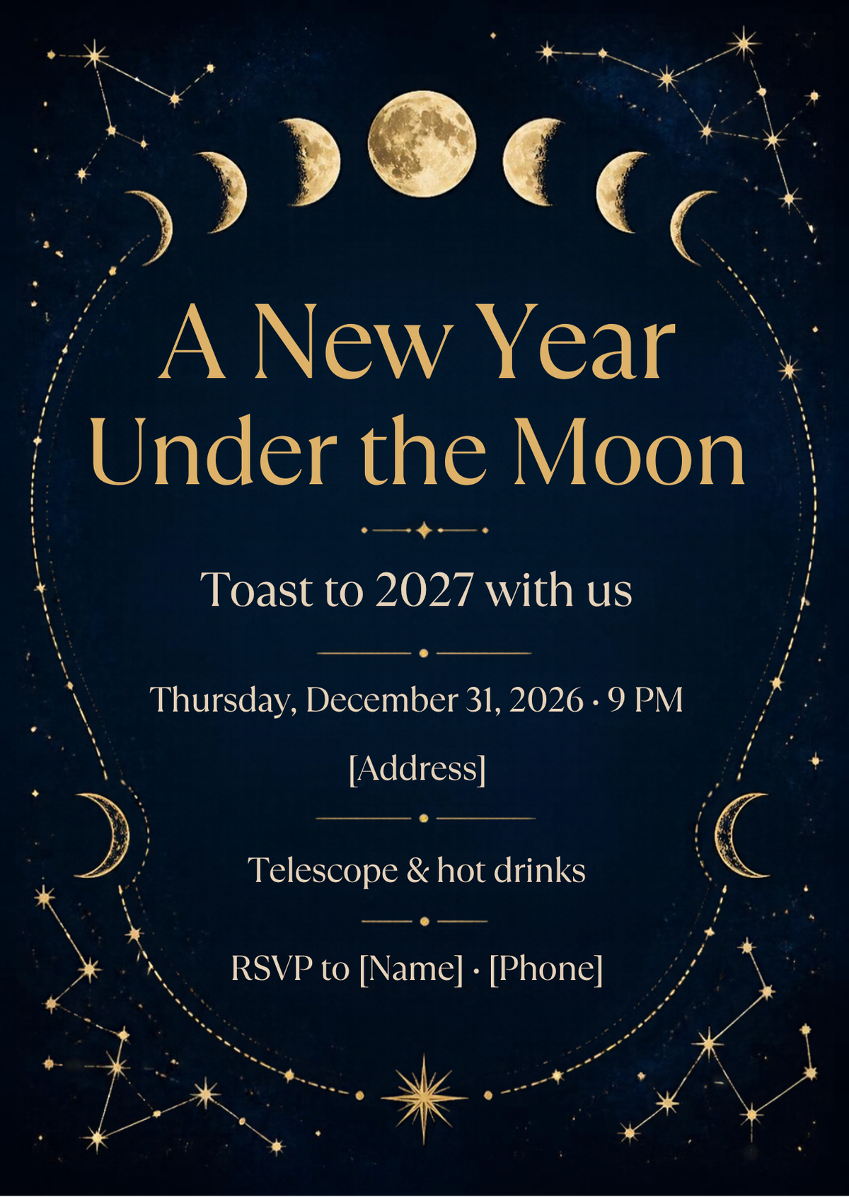 A New Year Under the Moon Celestial New Year's Eve Invitation – Editable Canva Template