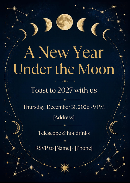 A New Year Under the Moon Celestial New Year's Eve Invitation – Editable Canva Template