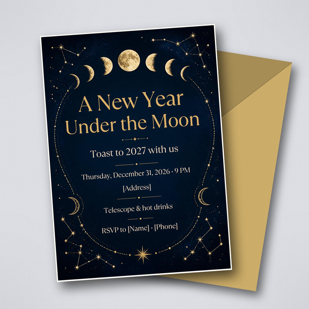 A New Year Under the Moon Celestial New Year's Eve Invitation – Editable Canva Template