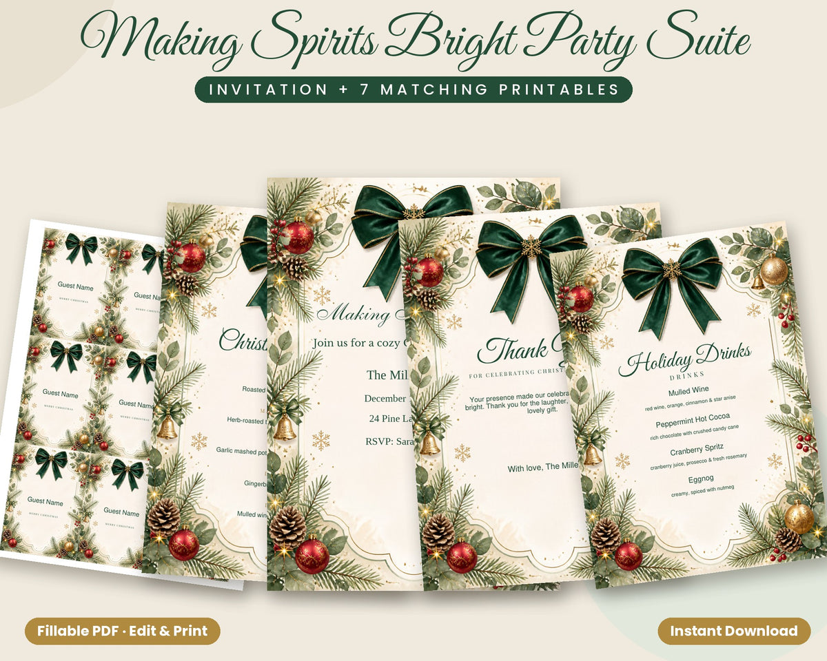 Making Spirits Bright Christmas Party Suite – Invitation + 7 Matching Editable Printables
