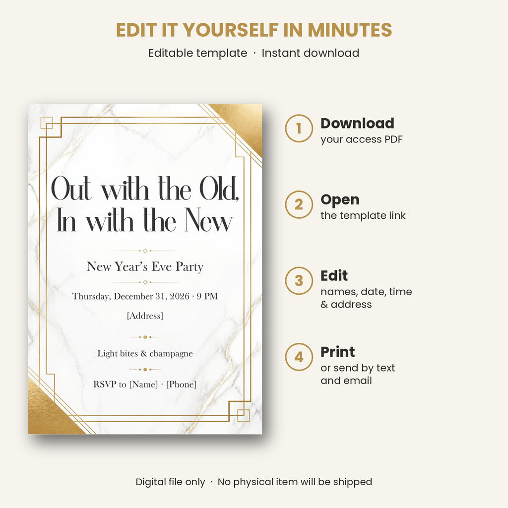 Marble & Gold "Out with the Old, In with the New" New Year's Eve Invitation – Editable Canva Template