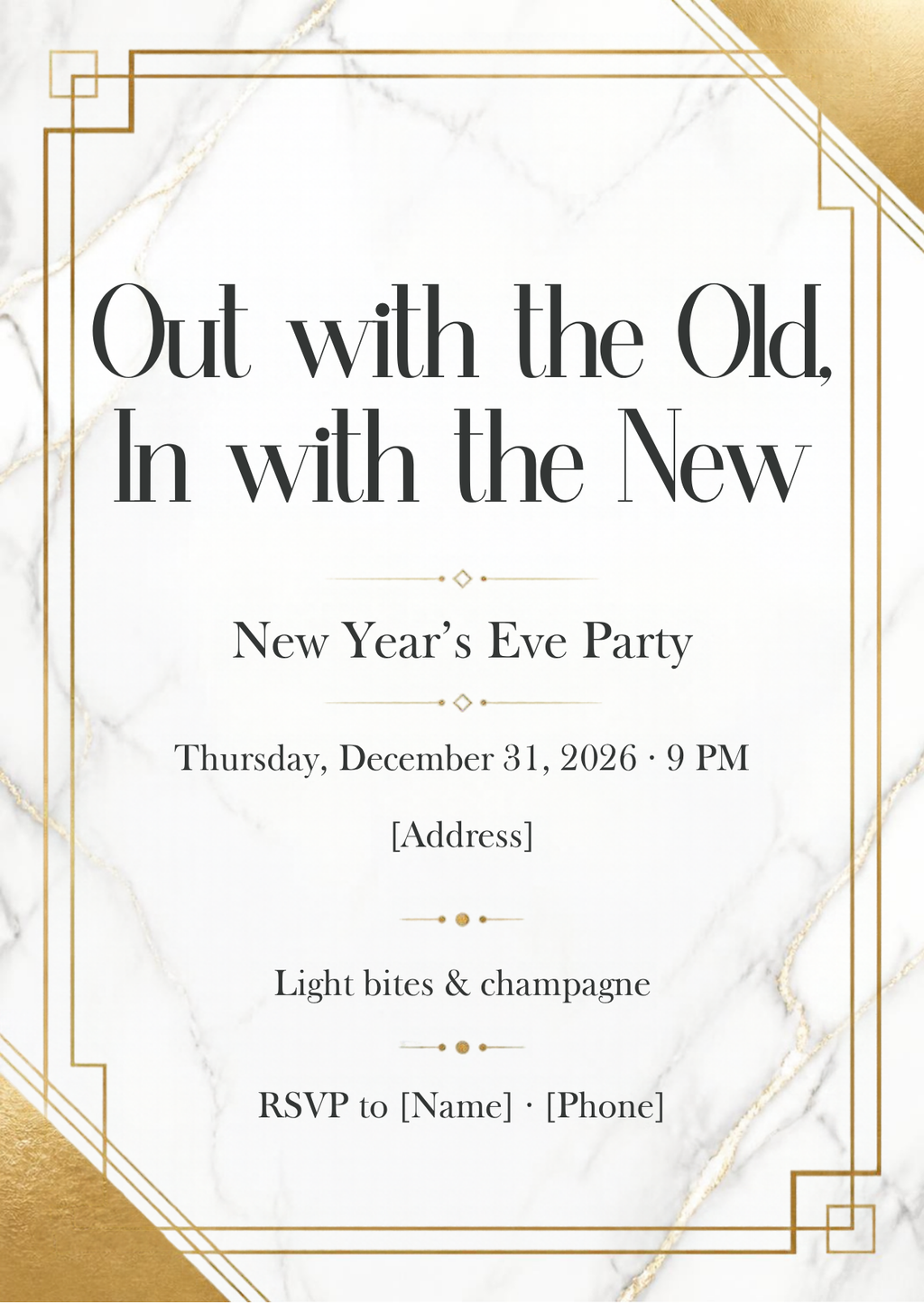 Marble & Gold "Out with the Old, In with the New" New Year's Eve Invitation – Editable Canva Template