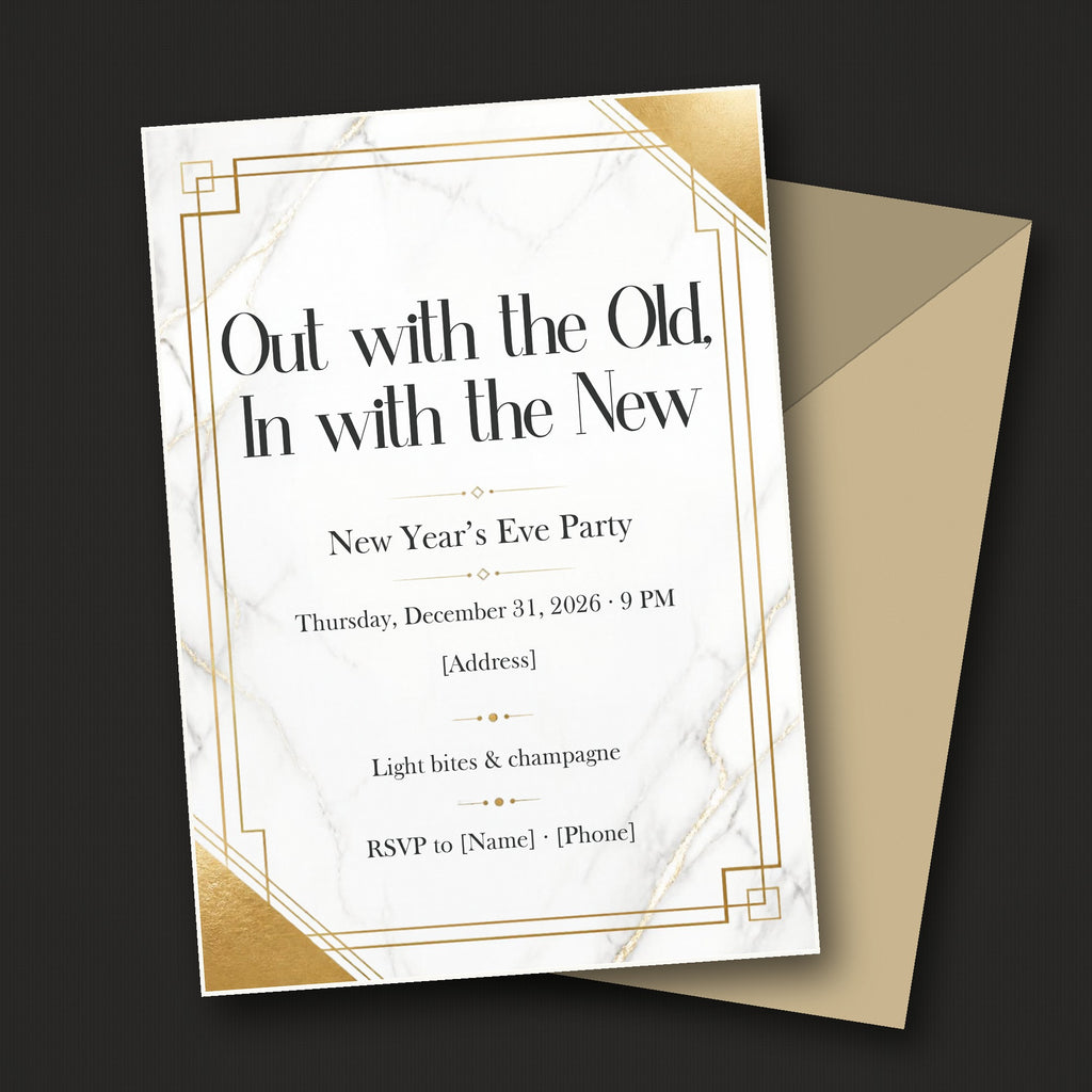 Marble & Gold "Out with the Old, In with the New" New Year's Eve Invitation – Editable Canva Template