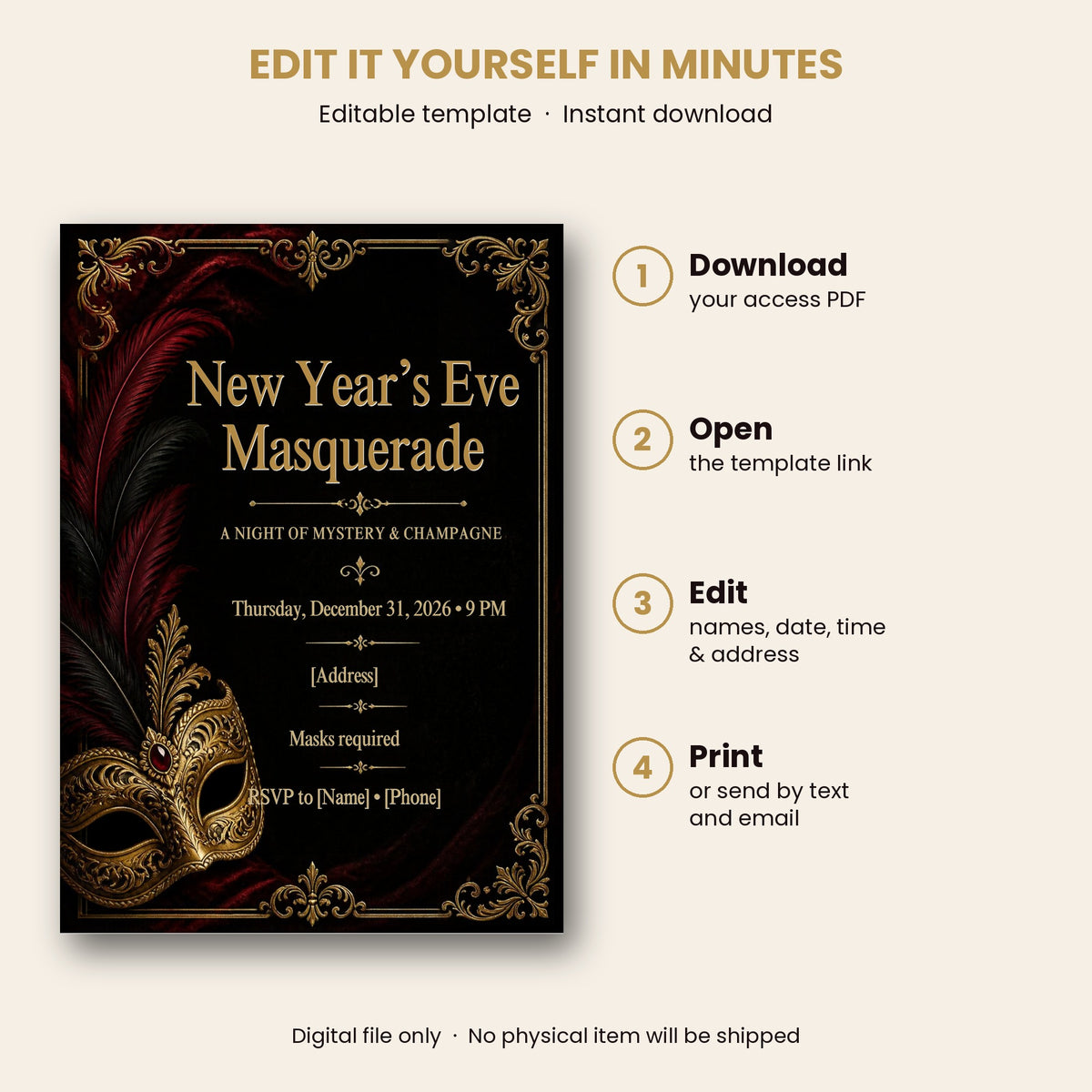 New Year's Eve Masquerade Ball Invitation – Editable Canva Template