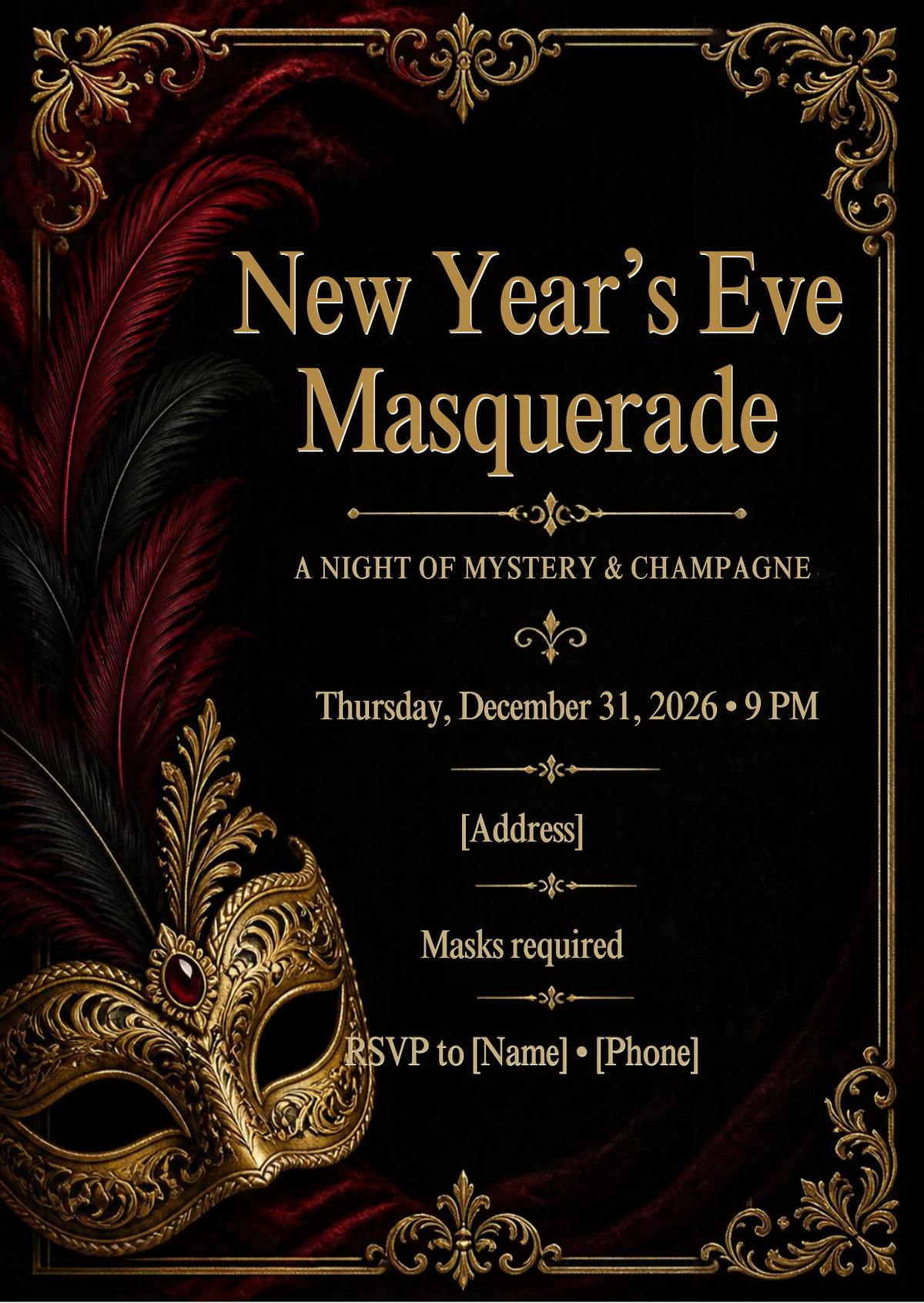 New Year's Eve Masquerade Ball Invitation – Editable Canva Template