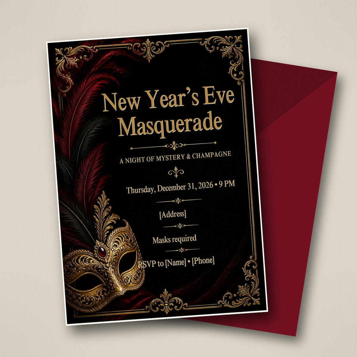 New Year's Eve Masquerade Ball Invitation – Editable Canva Template