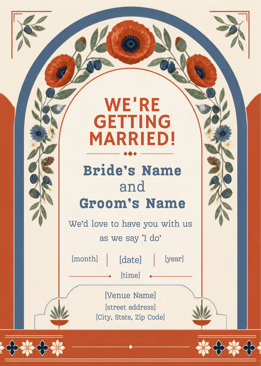 Mediterranean Poppy terracotta wedding invitation – editable Canva template, 5x7 on phone and print