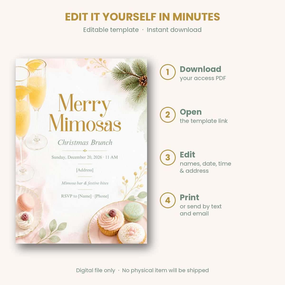 Merry Mimosas Christmas Brunch Invitation – Editable Canva Template