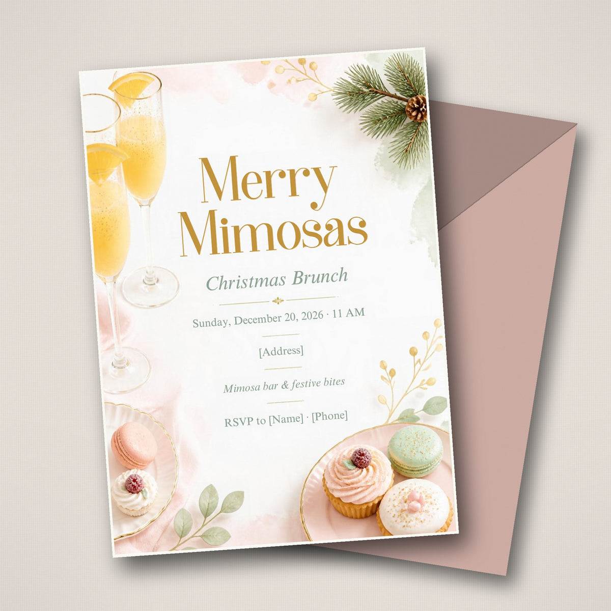 Merry Mimosas Christmas Brunch Invitation – Editable Canva Template