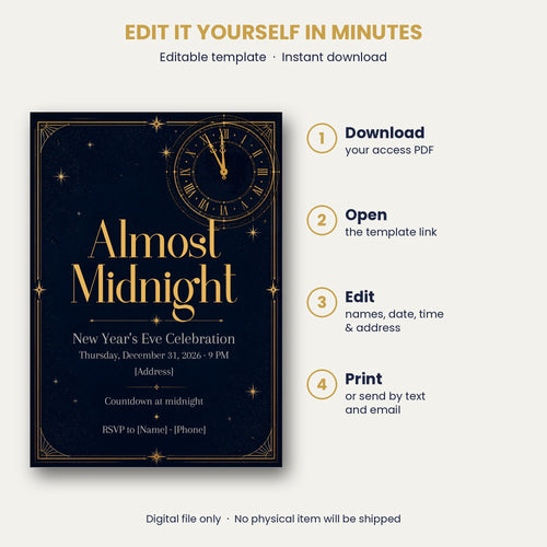 Almost Midnight Clock New Year's Eve Invitation – Editable Canva Template