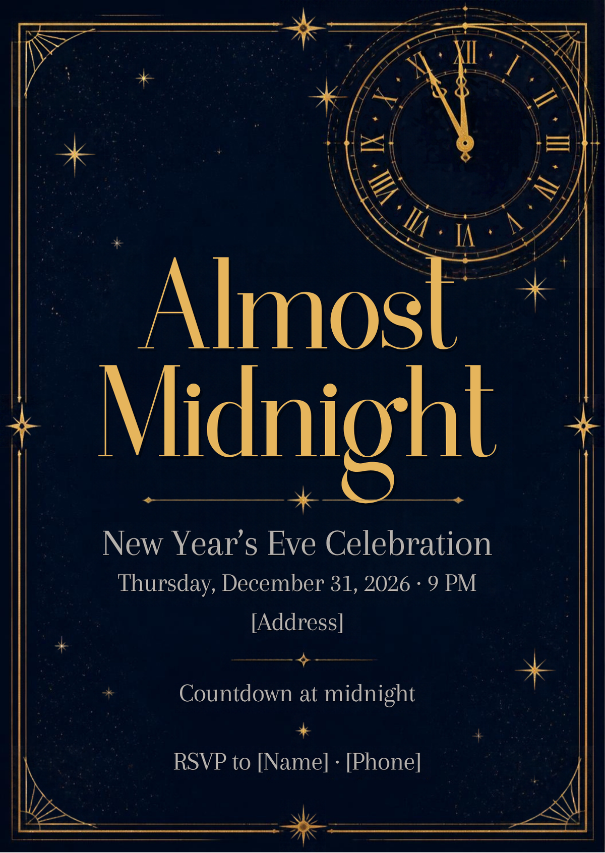 Almost Midnight Clock New Year's Eve Invitation – Editable Canva Template