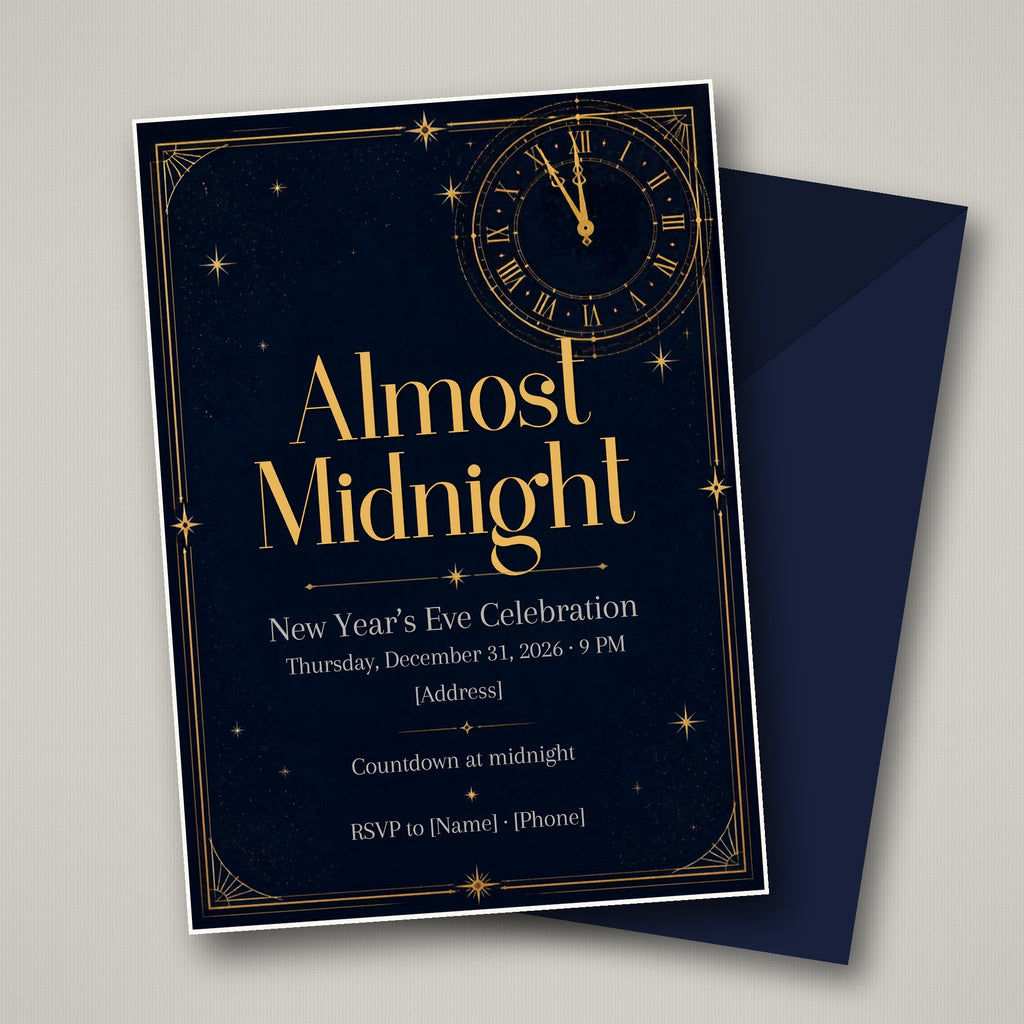 Almost Midnight Clock New Year's Eve Invitation – Editable Canva Template
