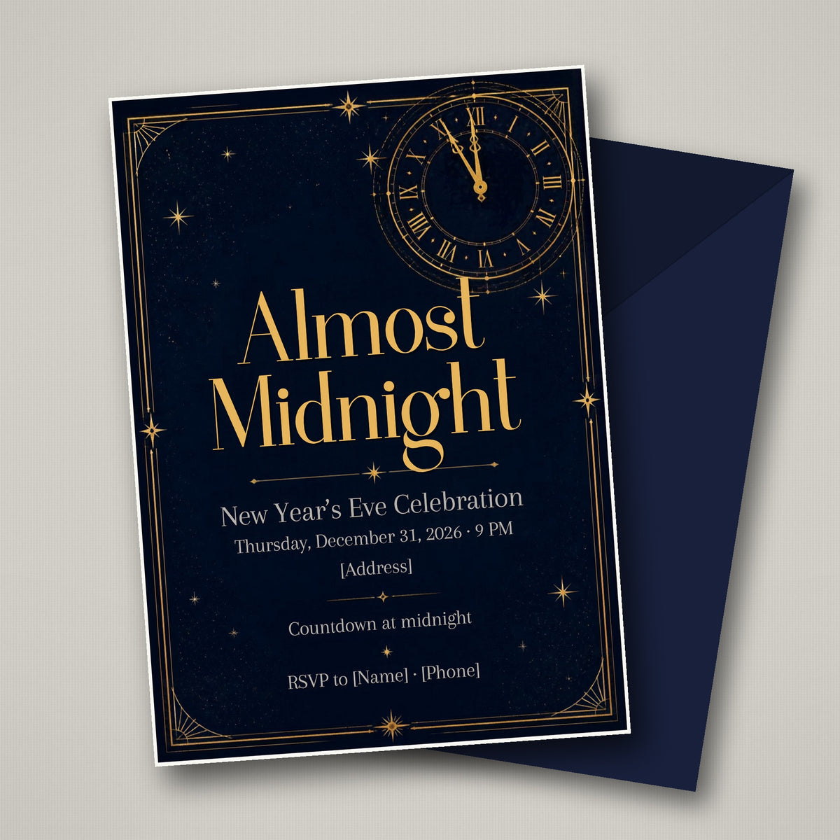 Almost Midnight Clock New Year's Eve Invitation – Editable Canva Template