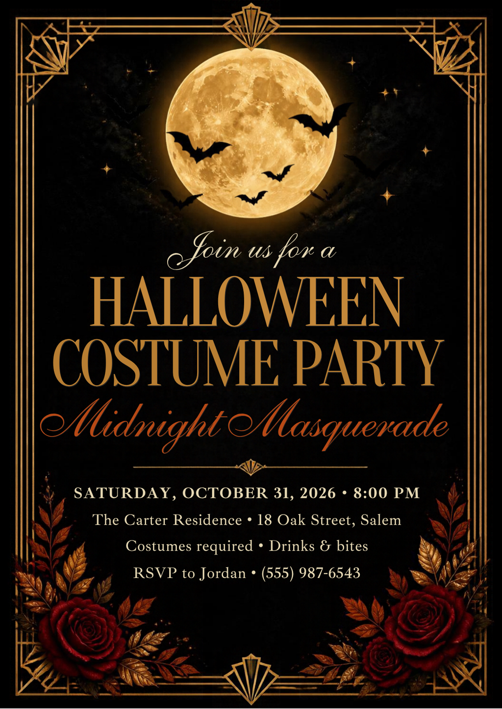 Editable 5x7 black and gold Halloween costume party invitation with full moon, bats and red roses