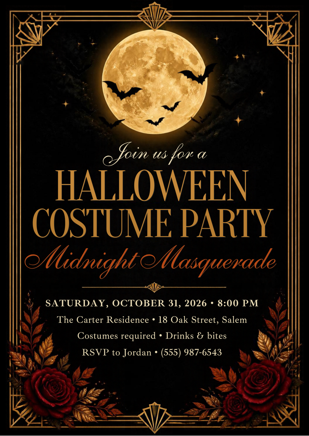 Editable 5x7 black and gold Halloween costume party invitation with full moon, bats and red roses
