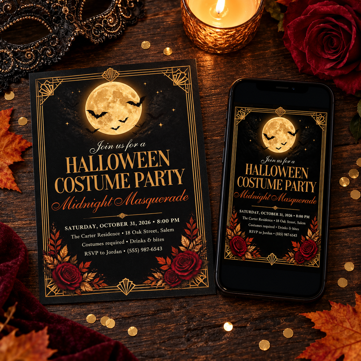 Midnight Masquerade Halloween costume party invitation printed and on a phone, with lace mask, candle and roses