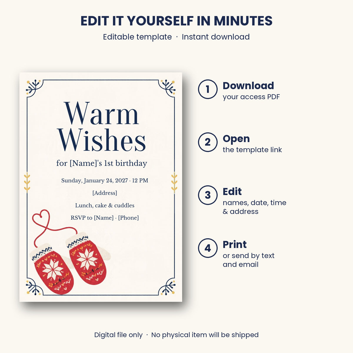 Mitten First Birthday Party Invitation – Editable Canva Template
