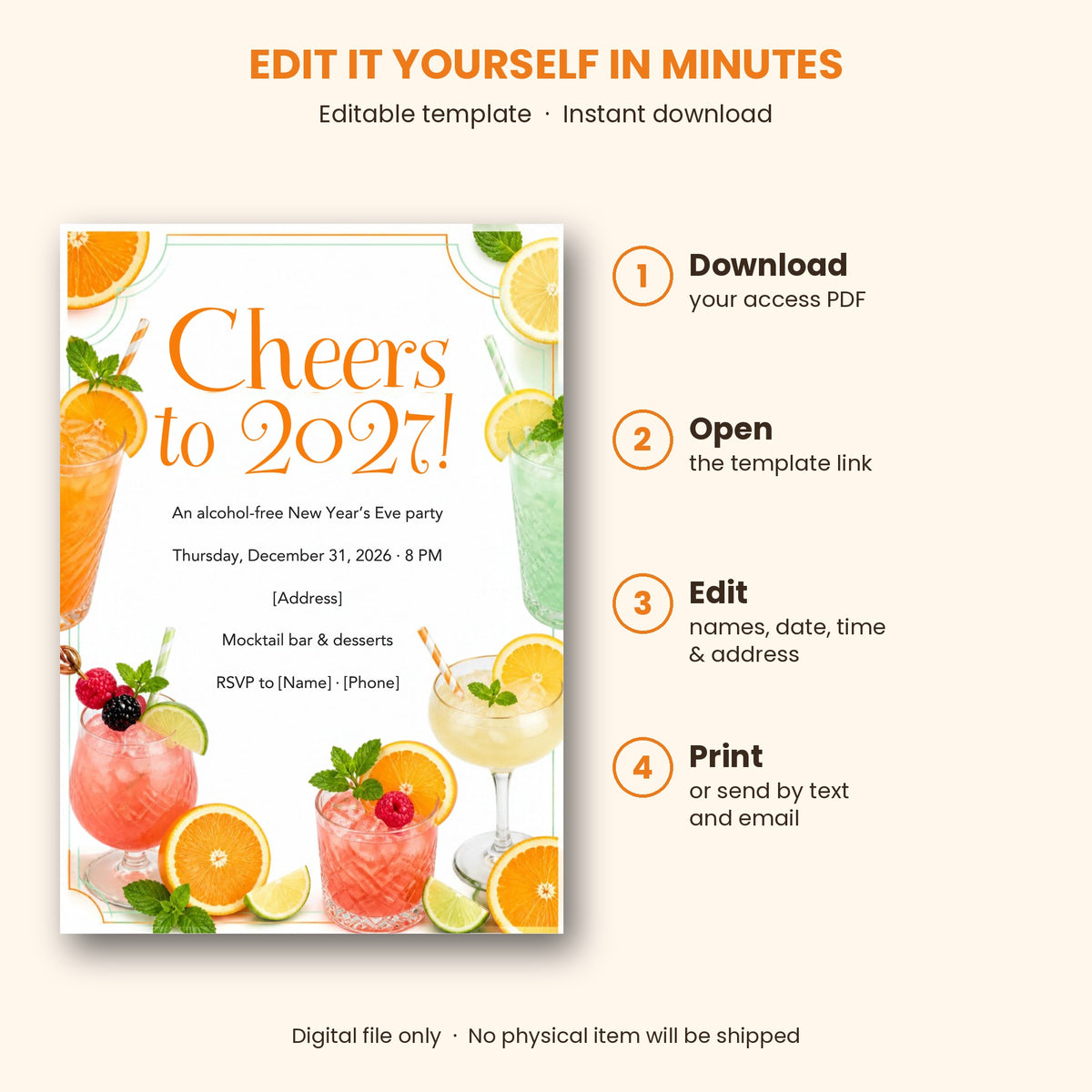 Cheers to 2027 Mocktail Party New Year's Eve Invitation – Editable Canva Template
