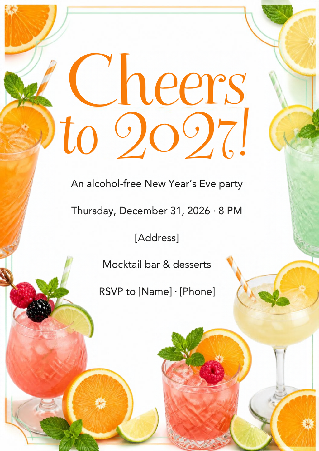 Cheers to 2027 Mocktail Party New Year's Eve Invitation – Editable Canva Template