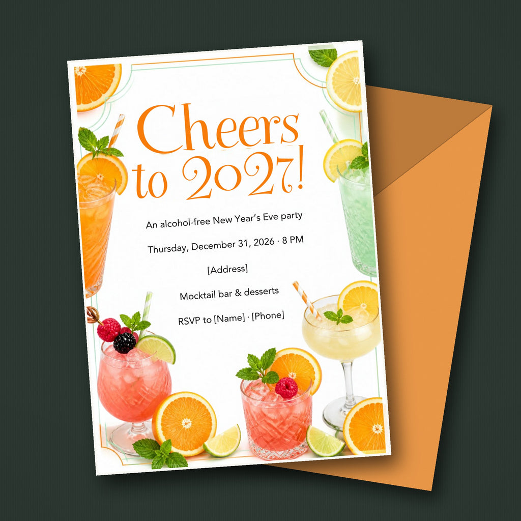 Cheers to 2027 Mocktail Party New Year's Eve Invitation – Editable Canva Template