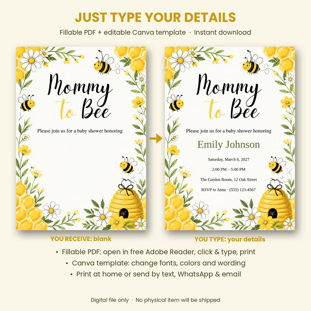 Mommy To Bee Baby Shower Invitation – Fillable PDF & Editable Canva Template