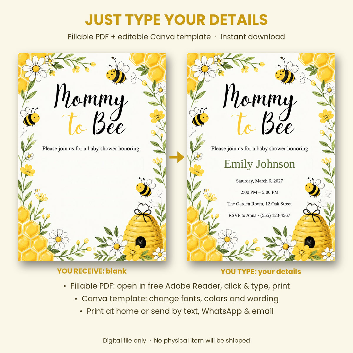 Mommy To Bee Baby Shower Invitation – Fillable PDF & Editable Canva Template