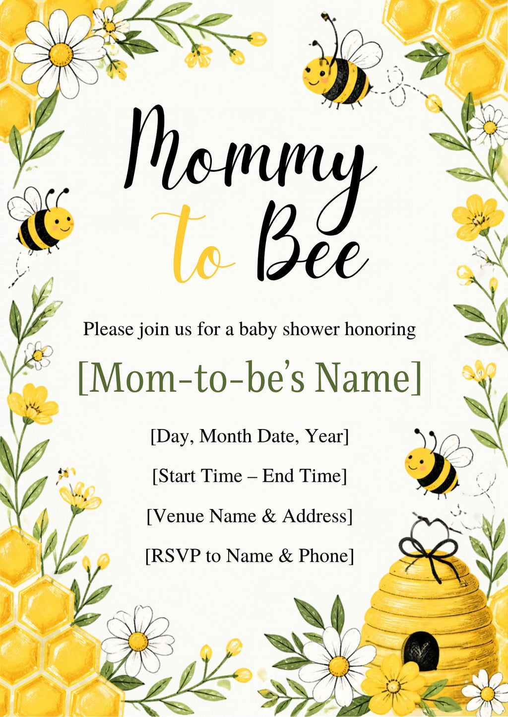 Mommy To Bee Baby Shower Invitation – Fillable PDF & Editable Canva Template