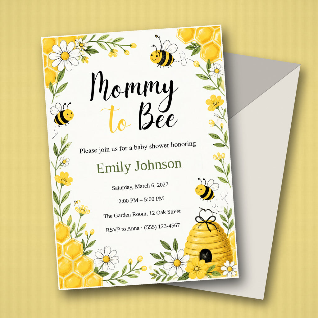 Mommy To Bee Baby Shower Invitation – Fillable PDF & Editable Canva Template