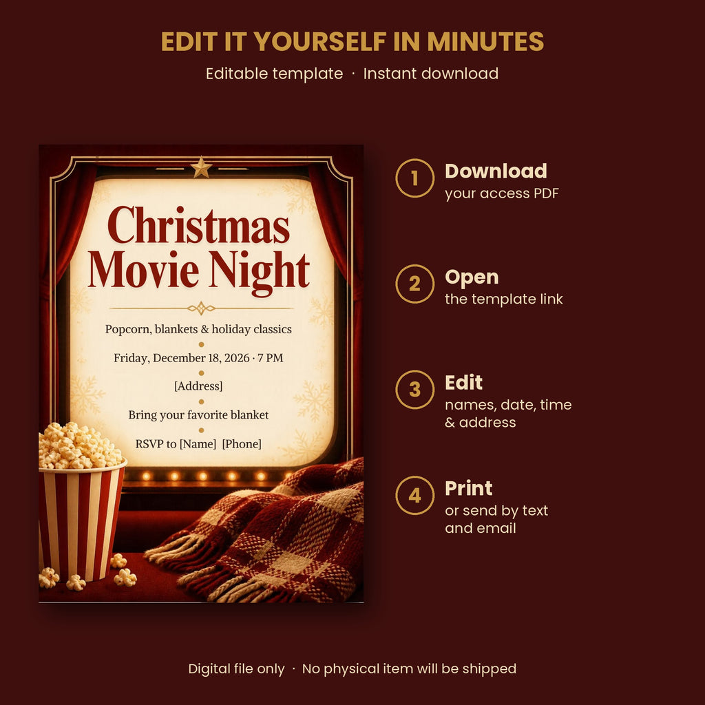 Christmas Movie Night Invitation – Editable Canva Template